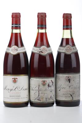 LOT RED BURGUNDY 1976 - Moillard - Morey St Denis, Aloxe Corton, Chassagne Montrachet Morgeot - 3 Bottles