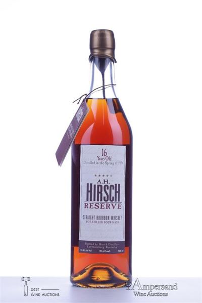 A.H. HIRSCH 16 Y RESERVE GOLD WAX 1974 - Distillery - 45.8 ABV, Distilled Spring 1974 in small Copper Pot Stills, Straight Bourban Whisky, New American Oak Barrels, America's First Five Star Bourban - 1 Bottle