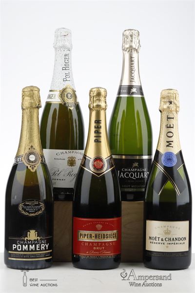 MIXED CHAMPAGNES NV - Jacquart - Moet - Piper - Pol Roger - Pommery - 5 Bottles