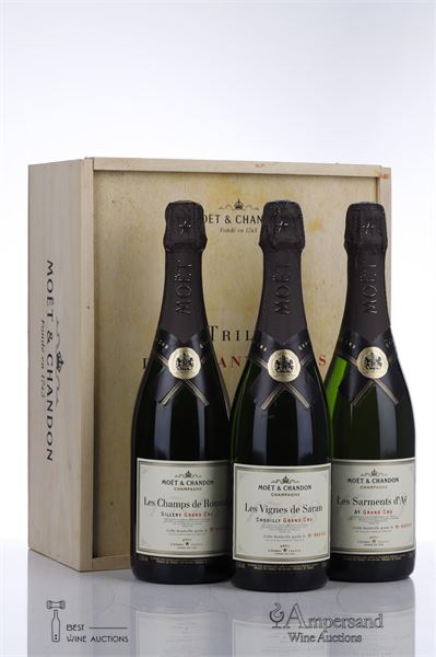 MOET & CHANDON LA TRILOGIE DES GRANDS CRUS - LES VIGNES DE SARAN / LES CHAMPS DE ROMONT / LES SARMENTS D'AY NV - Moet et chandon - Degorgee en 2002 - 3 Bottles - Owc 3
