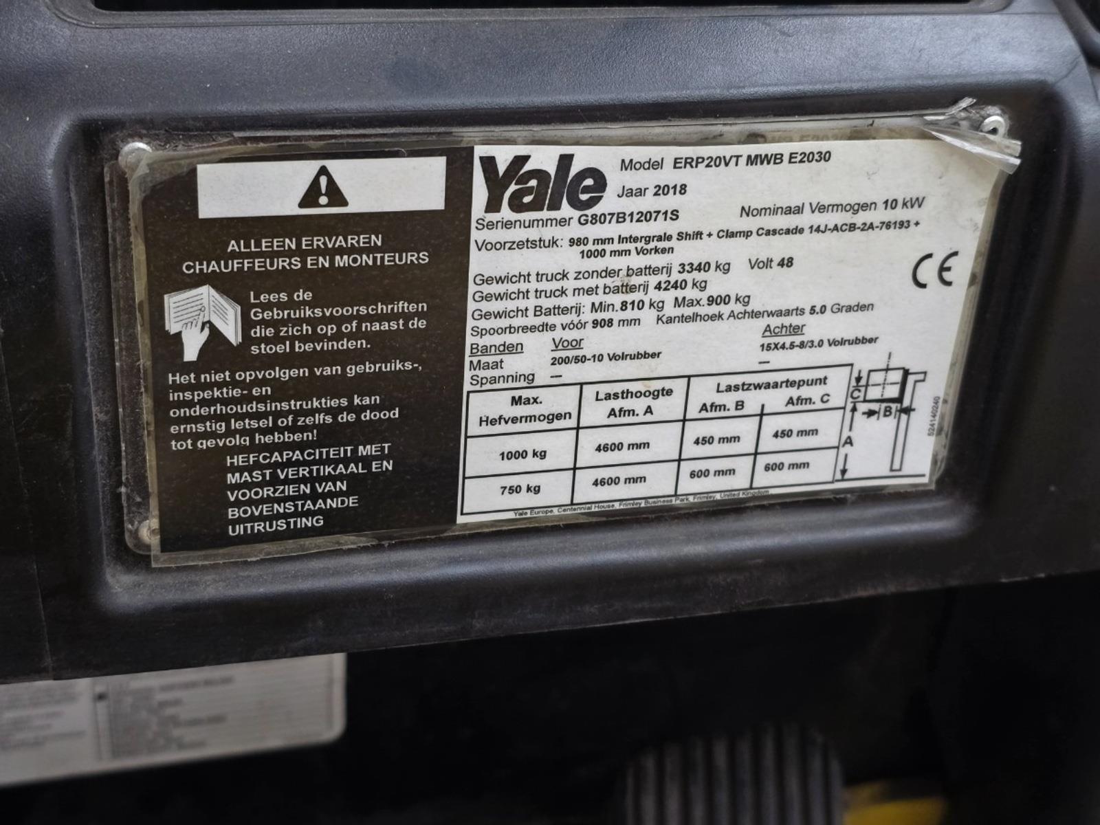 Yale ERP20VT MWBE2030 heftruck | 2019 | 12.546 km | Automaat | B12071S | NAP: Geen oordeel