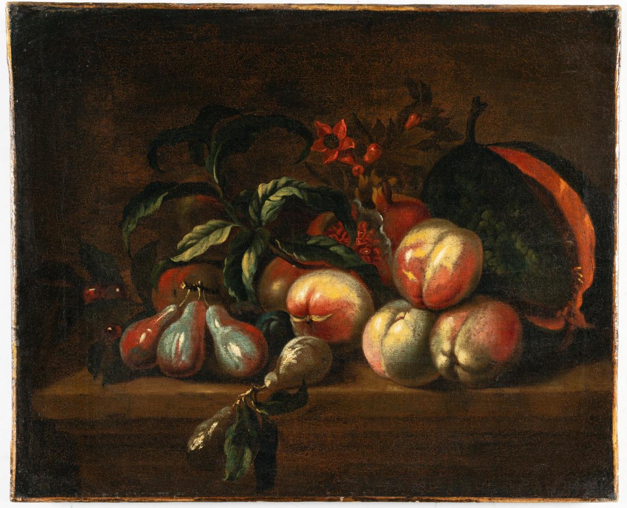Früchtestillleben mit Birnen, Pfirsichen, Granatäpfeln und einer Melone