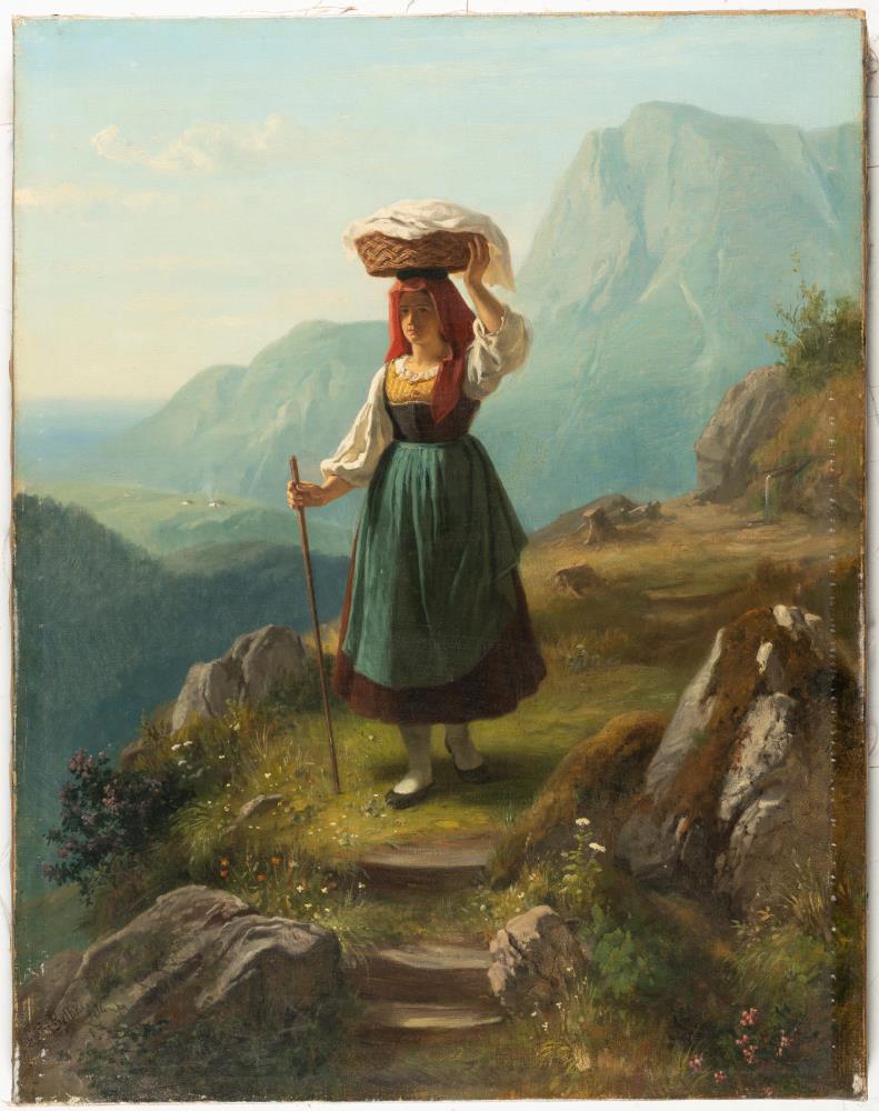 Junge Bäuerin mit Korb auf einem Gebirgspfad