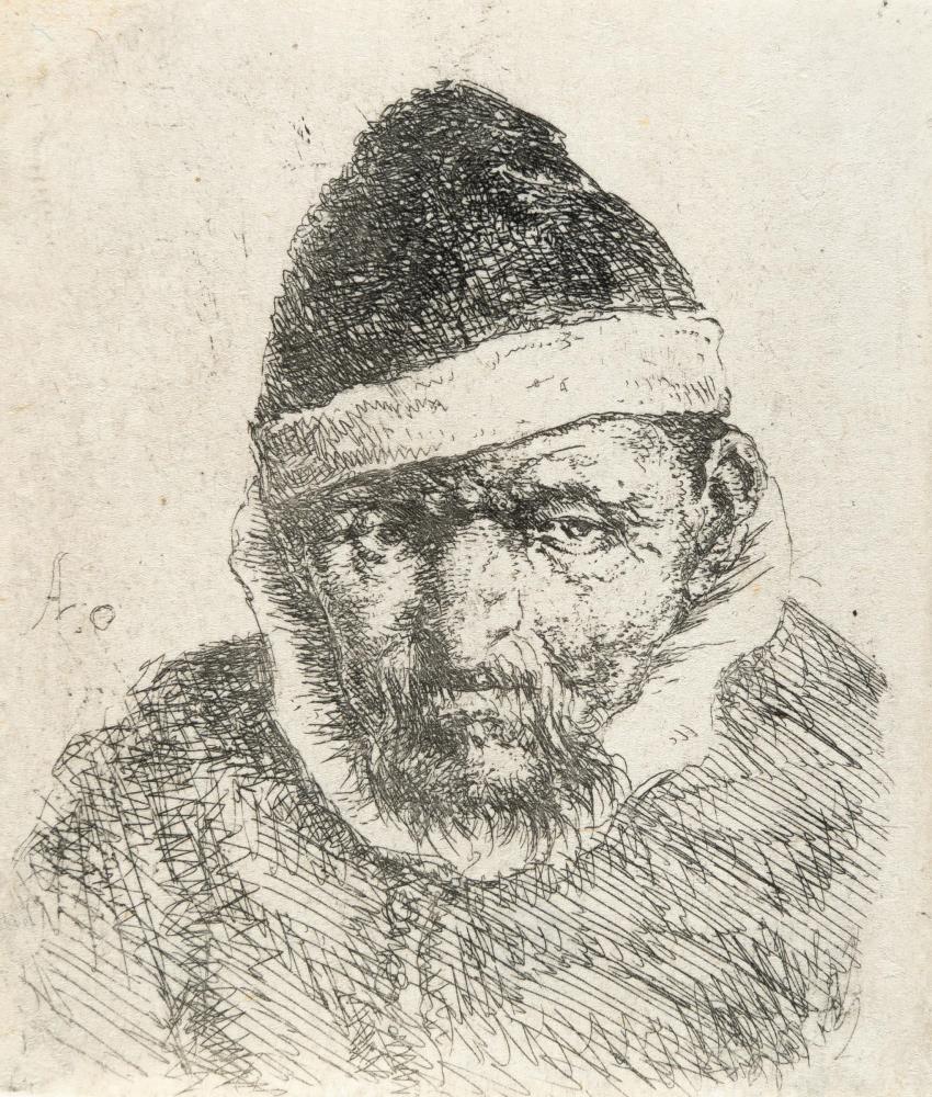 Büste eines mürrischen Alten mit spitzer Mütze