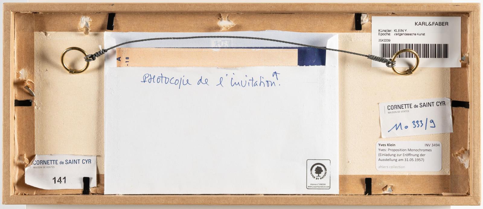 Yves: Propositions Monochromes (Einladung zur Eröffnung der Ausstellung am 31.05.1957)