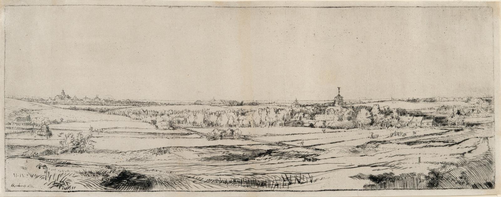 Panorama von Bloemendaal mit dem Landgut von Saxenburg und einer Ansicht von Haarlem ("Das Goldwiegerfeld")