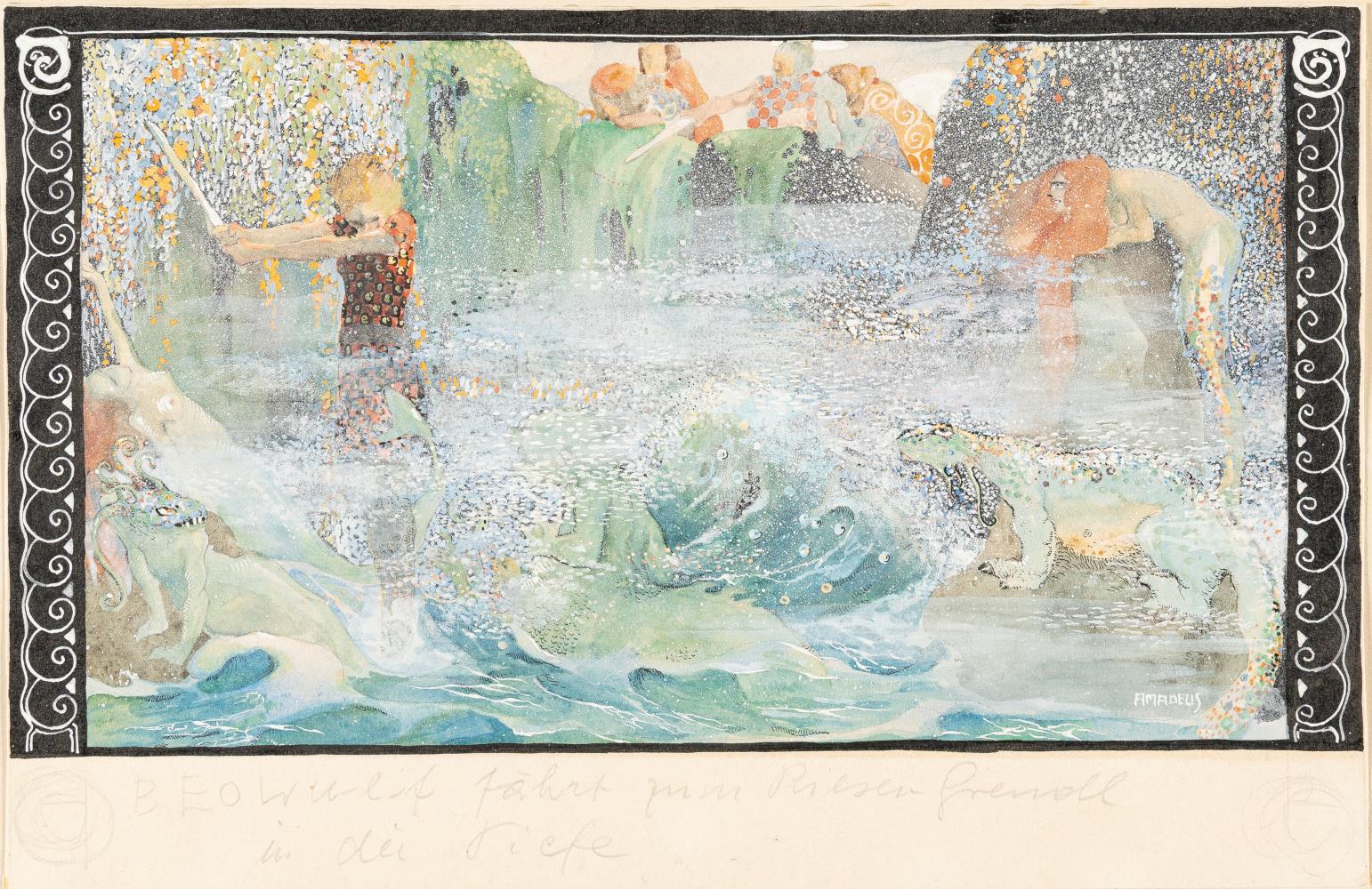 Beowulf fährt zum Riesen Grendel in die Tiefe