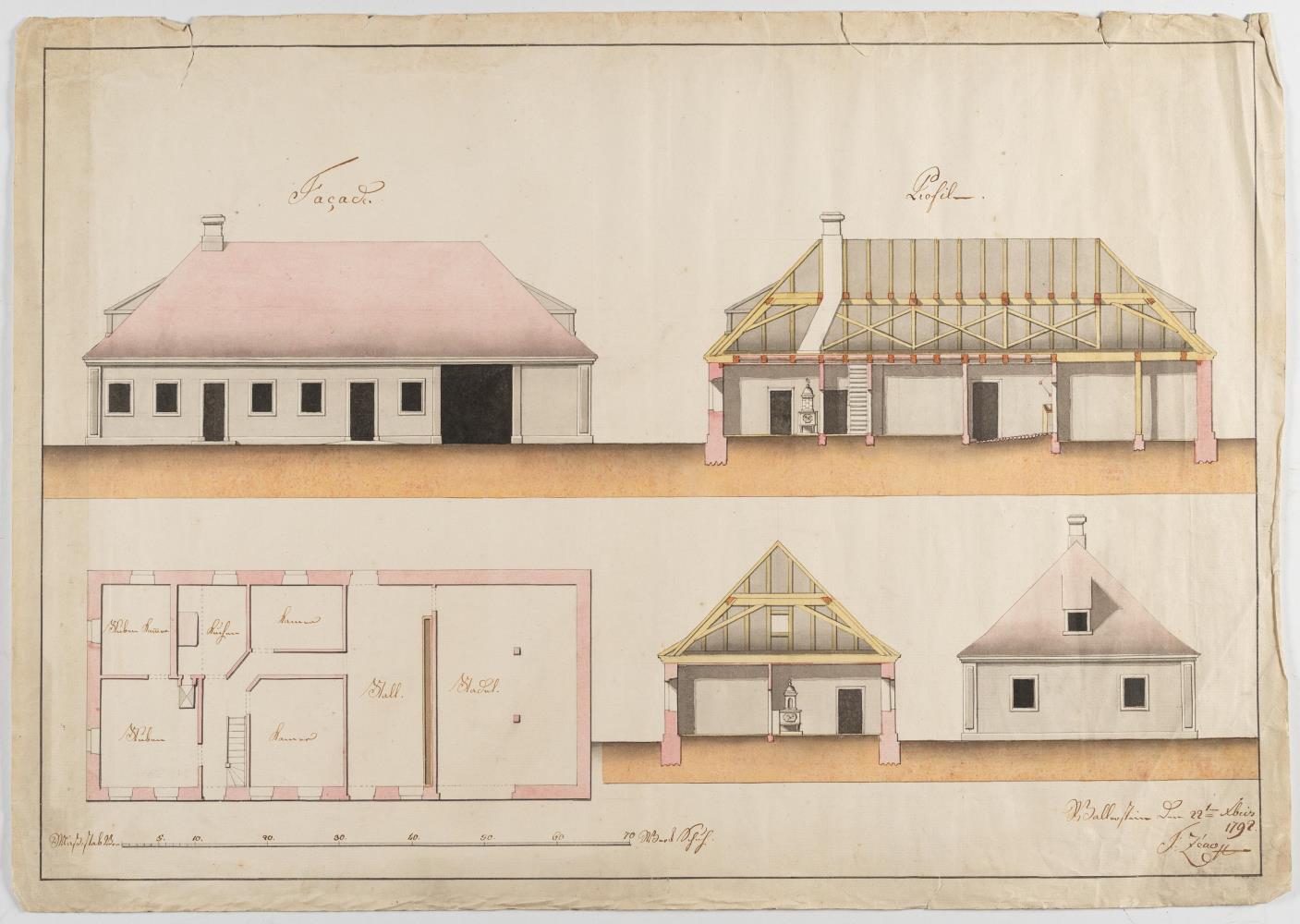2 Bll.: Bauernhäuser (Fassadenaufriss, Grundriss, Quer- und Längsschnitt einer aus Bauernhaus, Viehhaus und Stadel bestehenden Anlage)