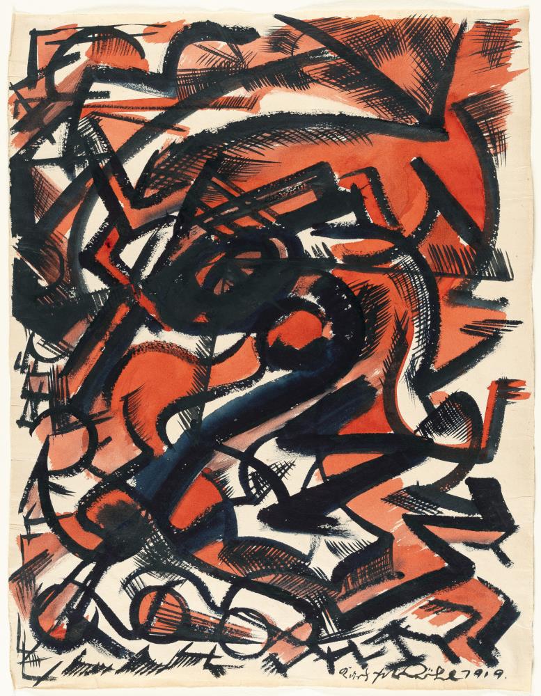 Untitled (Rhythmic-linear composition in black and red) - Ohne Titel (Rhythmisch-lineare Komposition in Schwarz und Rot)