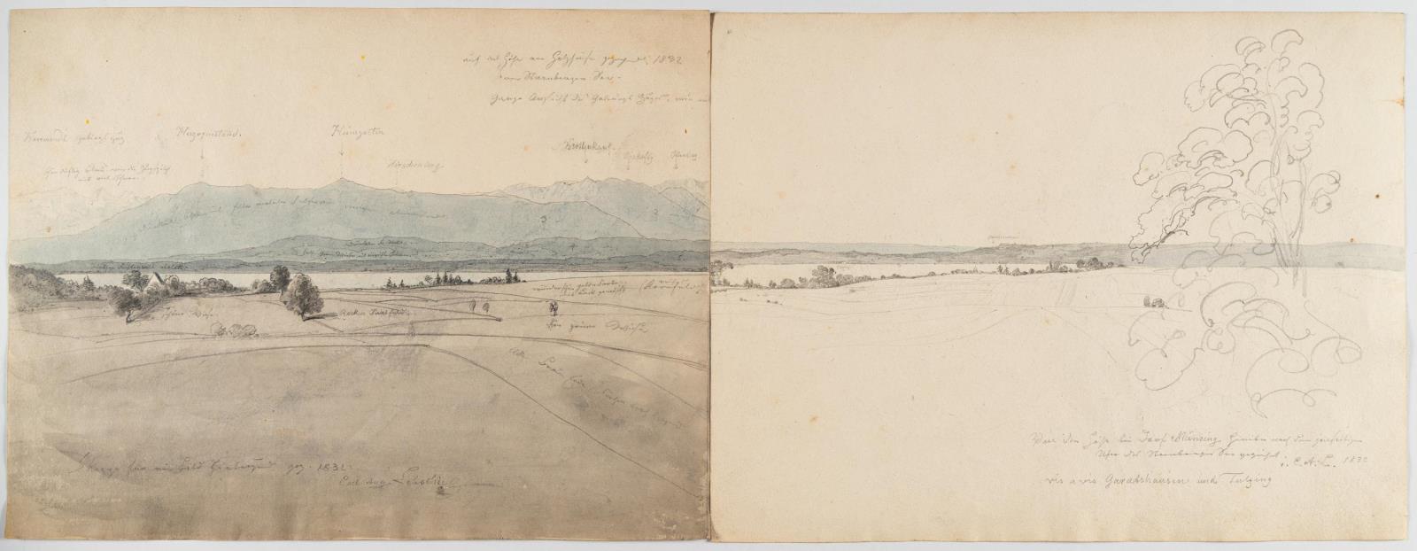 2 Bll.: Voralpenlandschaft von Münsing gegen Mittag (recto-verso)