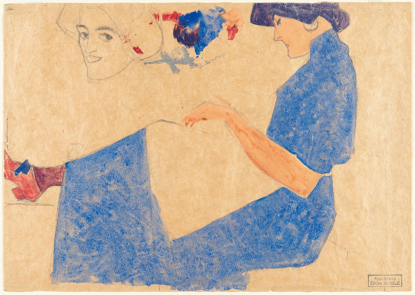 Front: Seated lady in profile facing left, in a blue dress – On the reverse: Female half-nude (hand, abdomen and thigh)