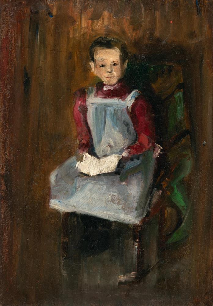 Recto: Sitzendes Kind mit Buch auf dem Schoß – Verso: Tümpel mit Birkenstämmen