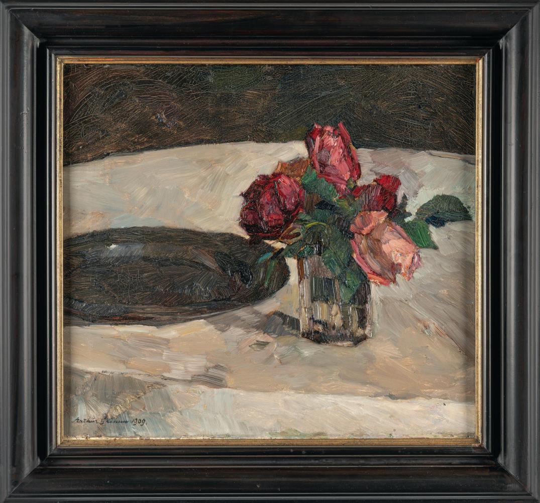 Stillleben mit Rosenstrauß und einem Zinnteller