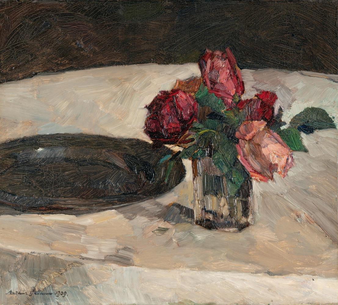 Stillleben mit Rosenstrauß und einem Zinnteller