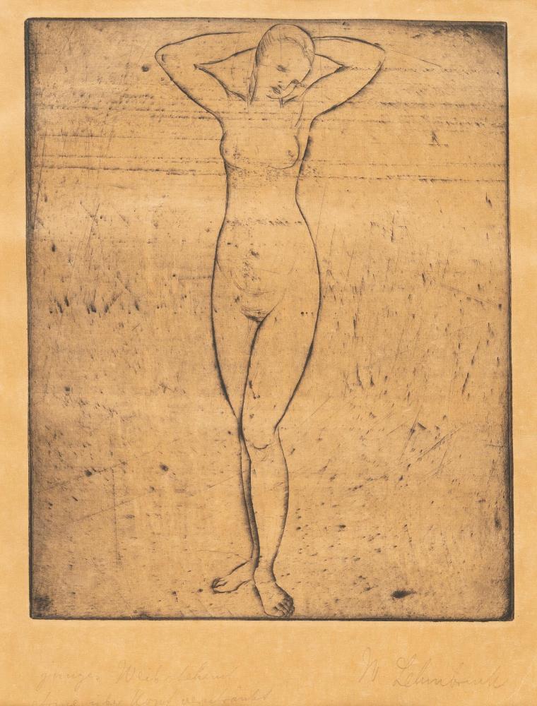 „junges Weib stehend Arme über Kopf verschränkt“