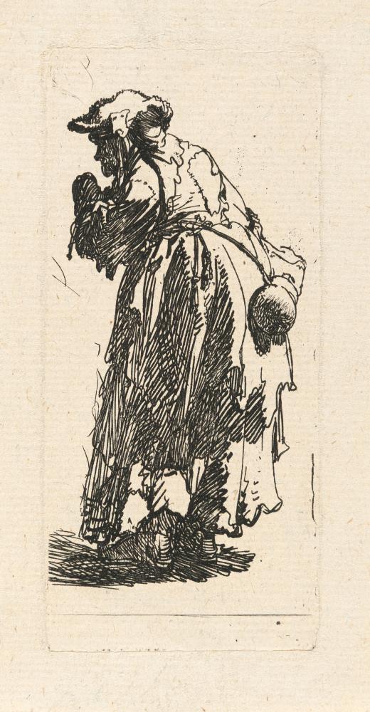 Alte Bettlerin mit der Kürbisflasche