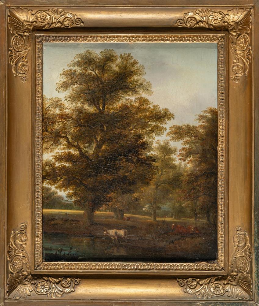 Baumlandschaft mit Viehherde am Ufer