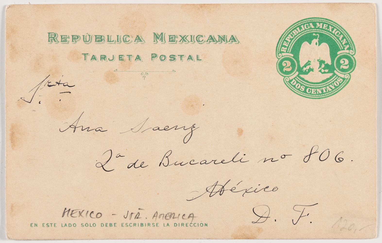 Postcard depicting a landscape with the Popocatépetl volcano in the background