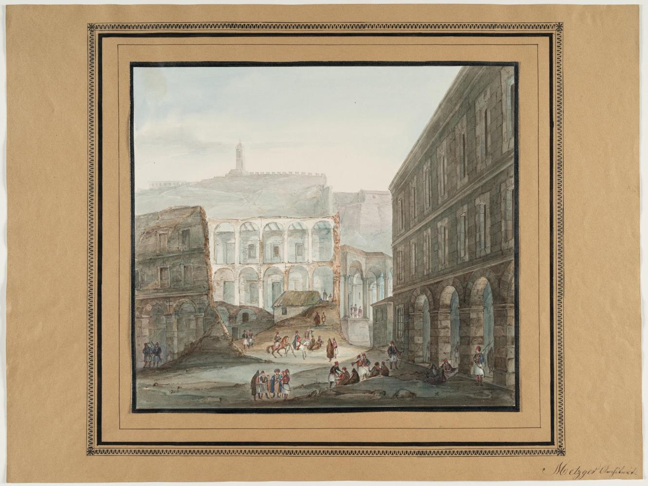 Nauplia. Blick vom Syntagma-Platz auf die Anhöhe von Akronauplia mit dem Uhrturm