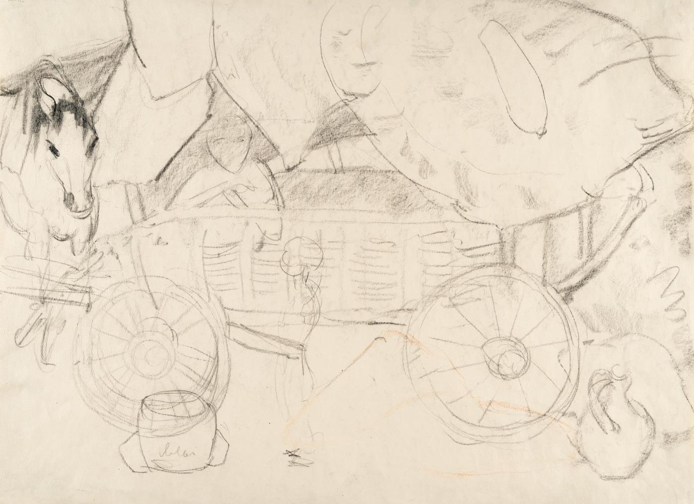 Planwagen mit Pferd und Zigeunerin