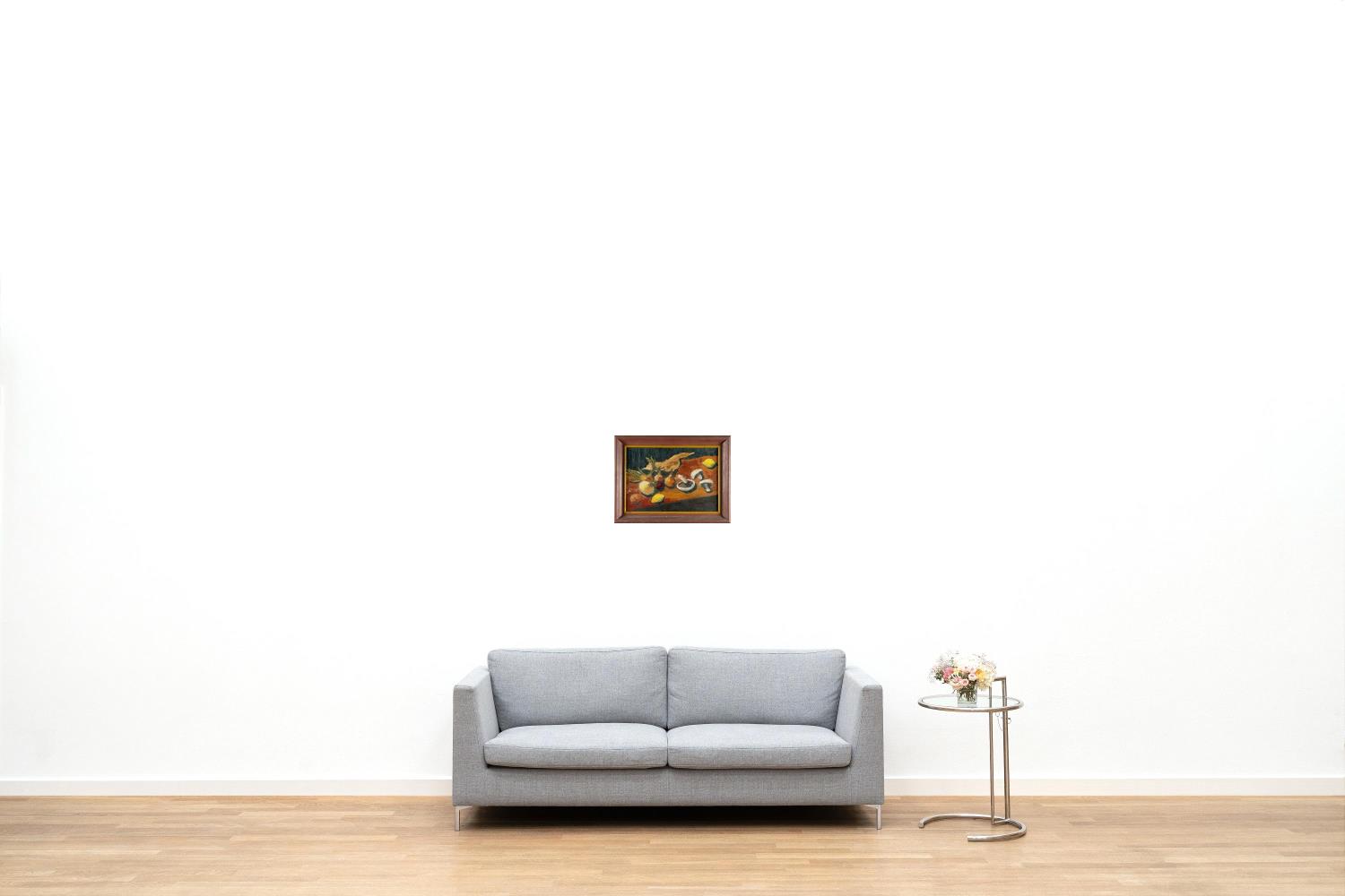 Stillleben mit Champignons, Zwiebeln und Zitronen