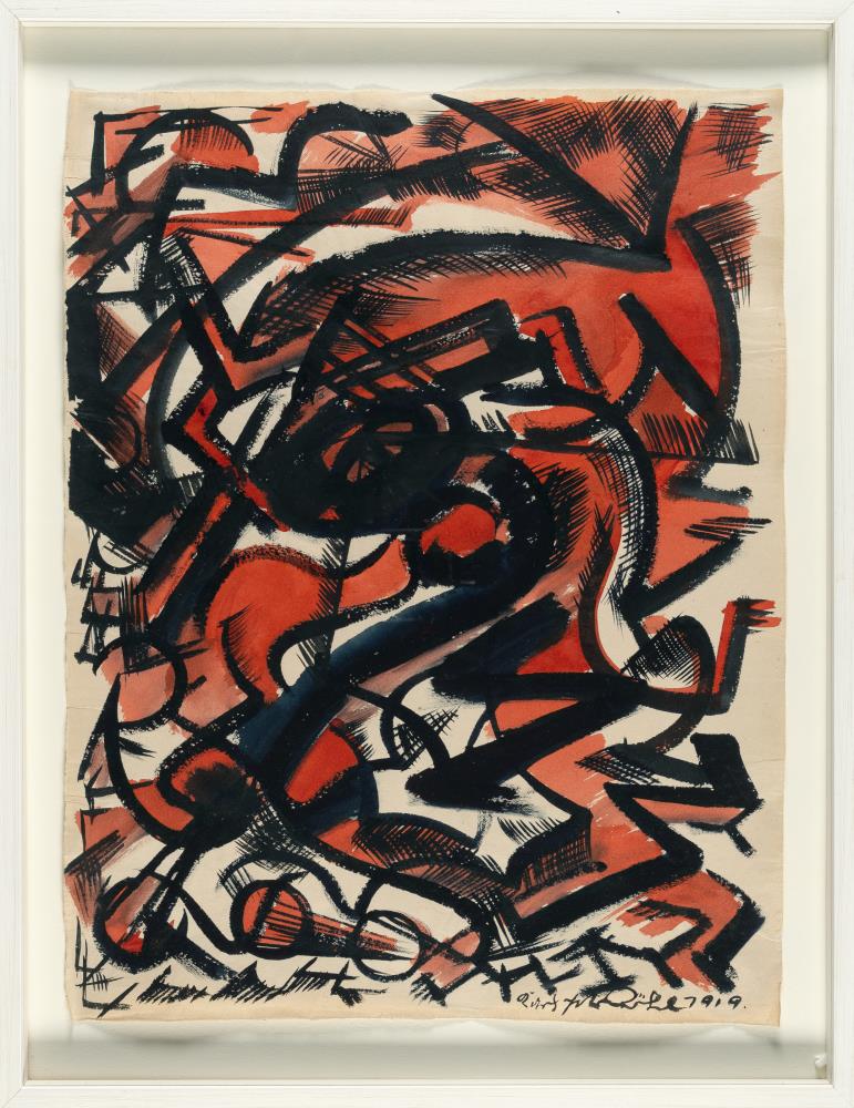 Untitled (Rhythmic-linear composition in black and red) - Ohne Titel (Rhythmisch-lineare Komposition in Schwarz und Rot)