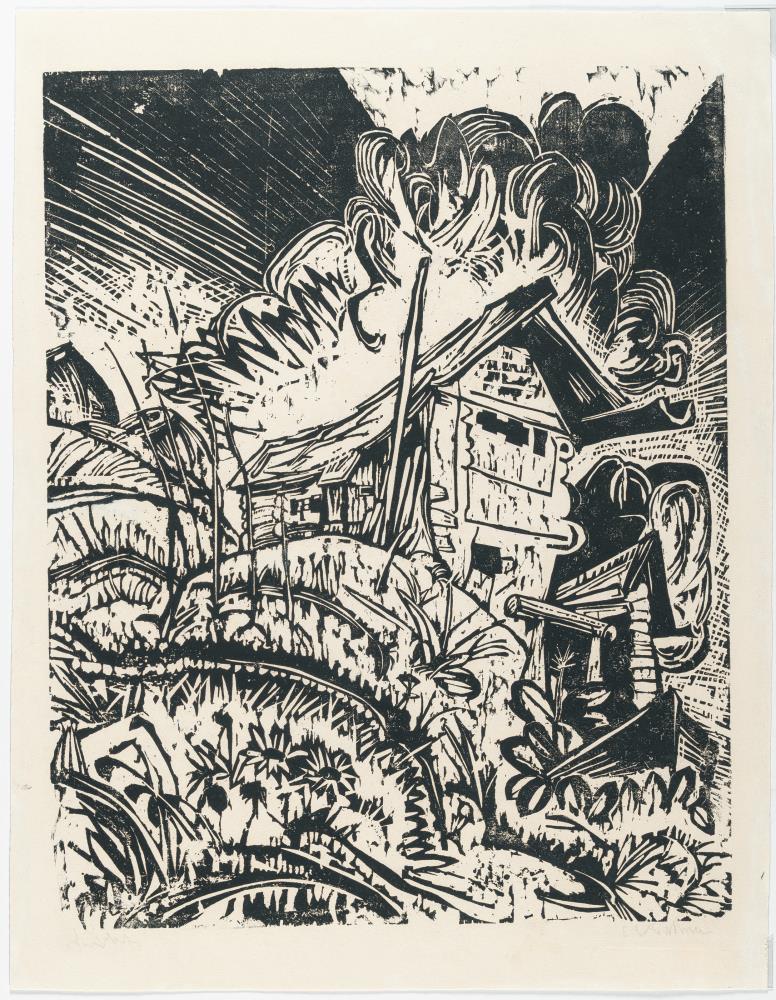 Mountain hut with storm cloud