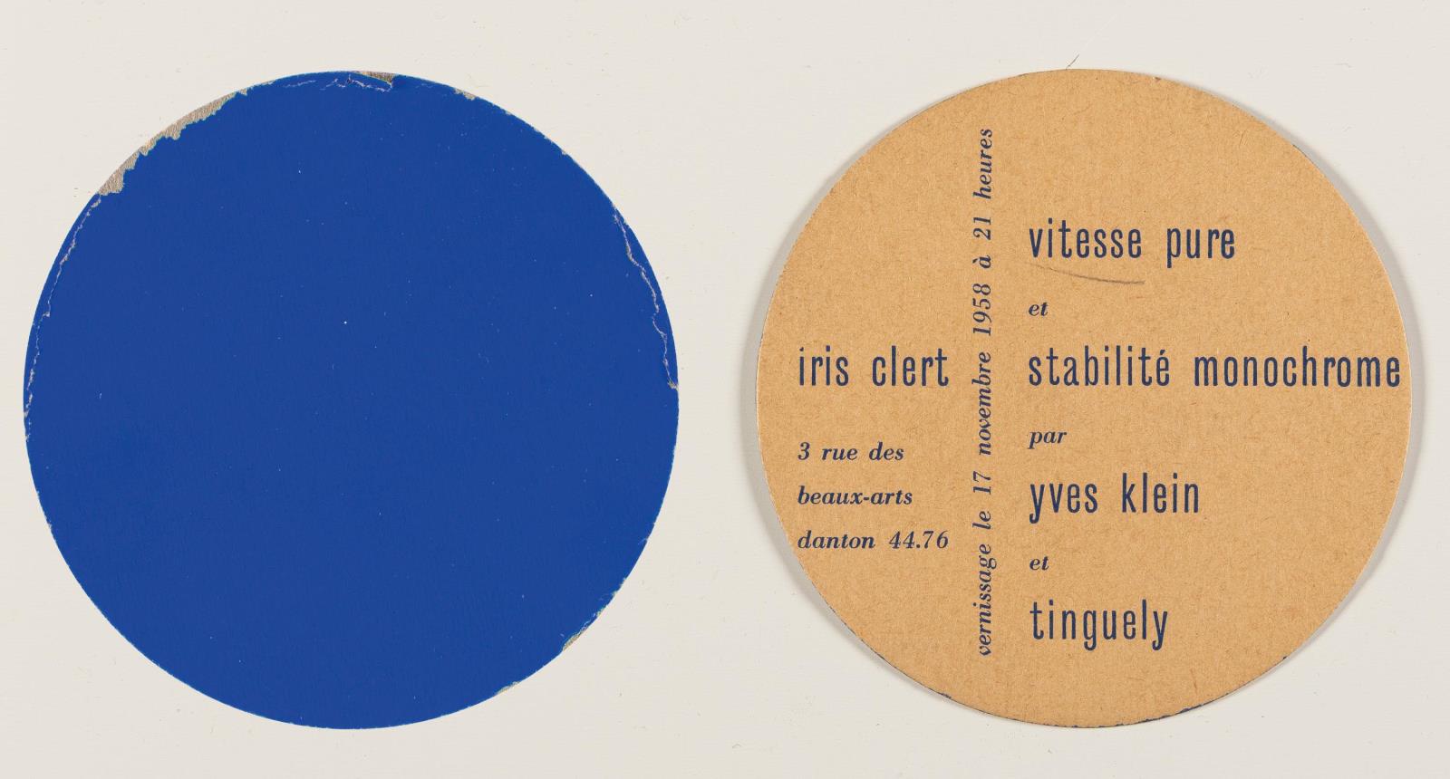 Vitesse pure et stabilité monochrome par Yves Klein et Tinguely (Einladung zur Ausstellung in der Galerie Iris Clert, Paris, November 1958)