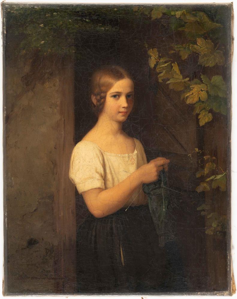 Strickendes Mädchen vor der Haustür