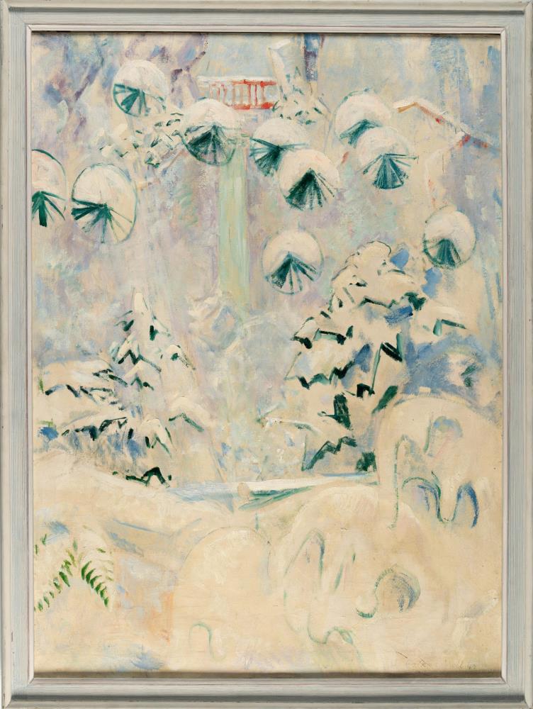 Schneelandschaft mit roter Brücke