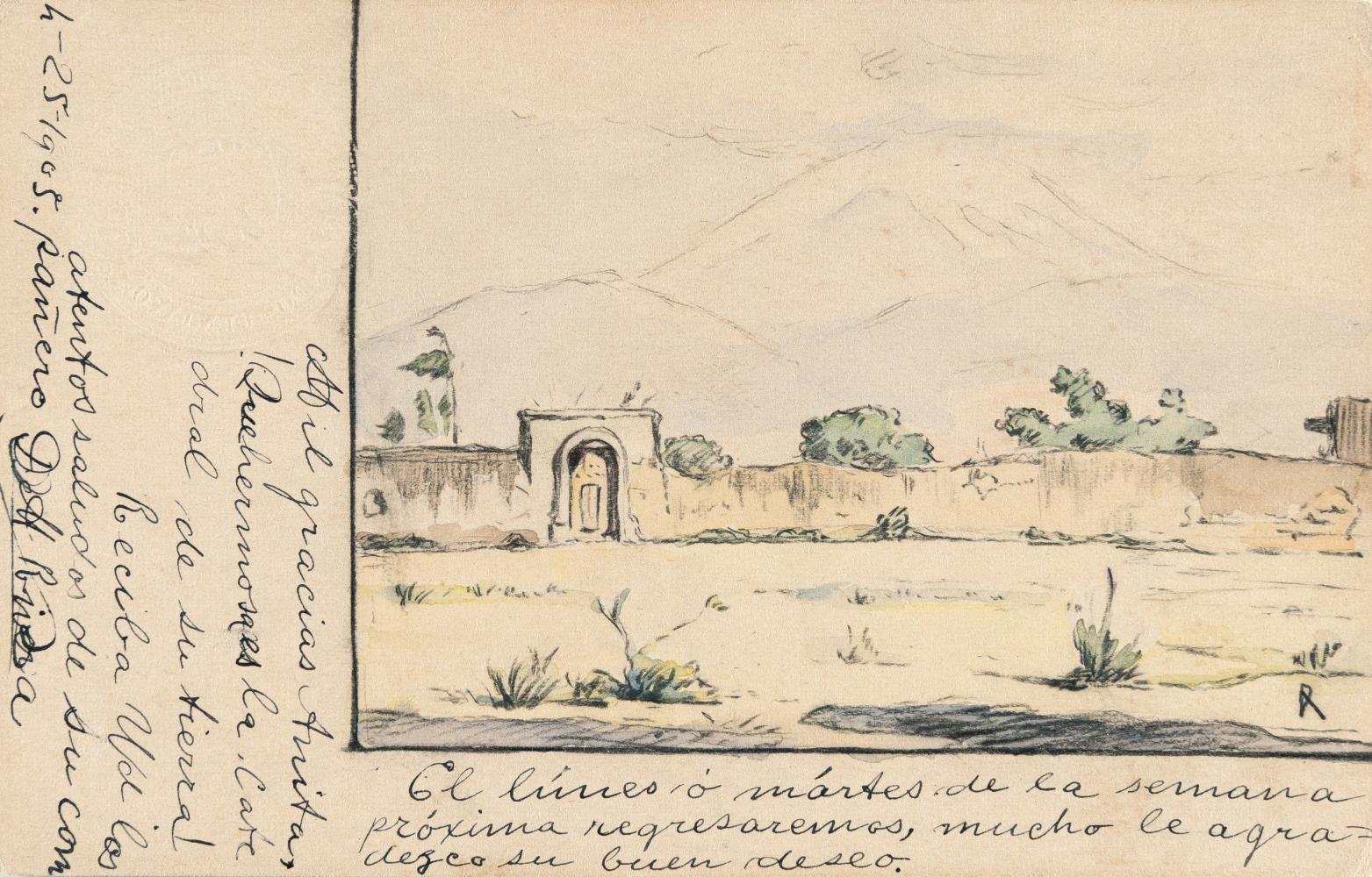 Postcard depicting a landscape with the Popocatépetl volcano in the background
