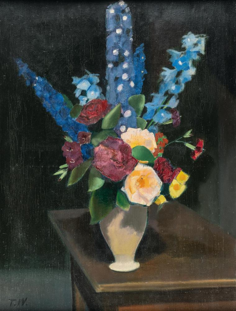 Stillleben mit Rosen, Nelken und Rittersporn