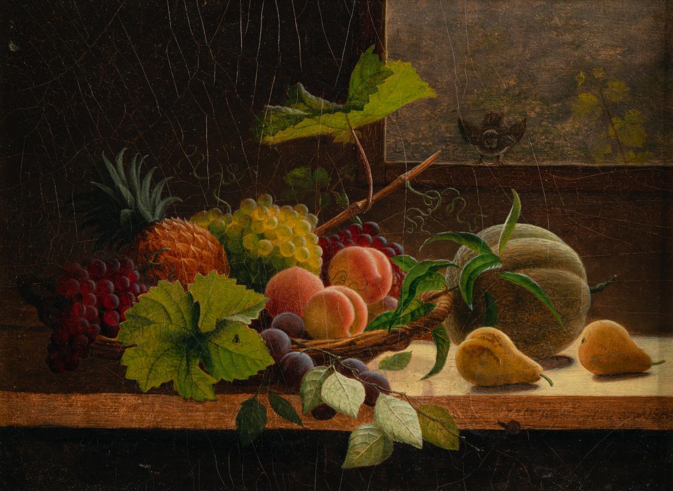 Obststilleben mit Vogel am Fenster