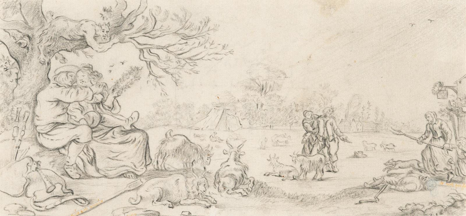 Dorfplatz mit Liebespaar, belauscht von einem Faun
