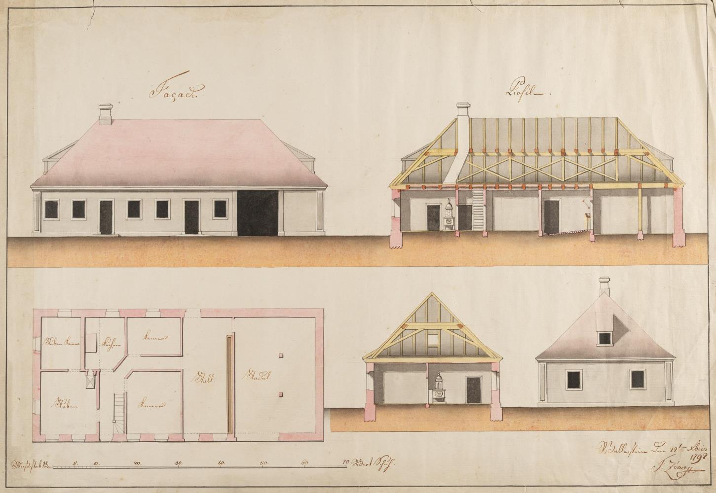 2 Bll.: Bauernhäuser (Fassadenaufriss, Grundriss, Quer- und Längsschnitt einer aus Bauernhaus, Viehhaus und Stadel bestehenden Anlage)