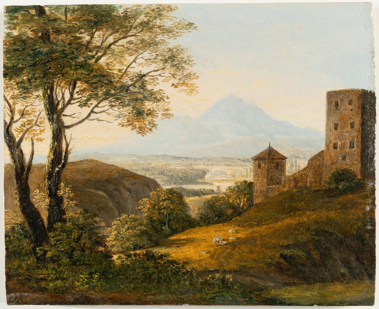 Landschaft mit Festung und Bergpanorama