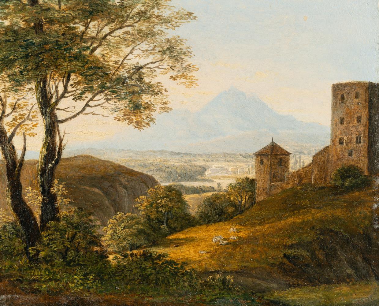 Landschaft mit Festung und Bergpanorama
