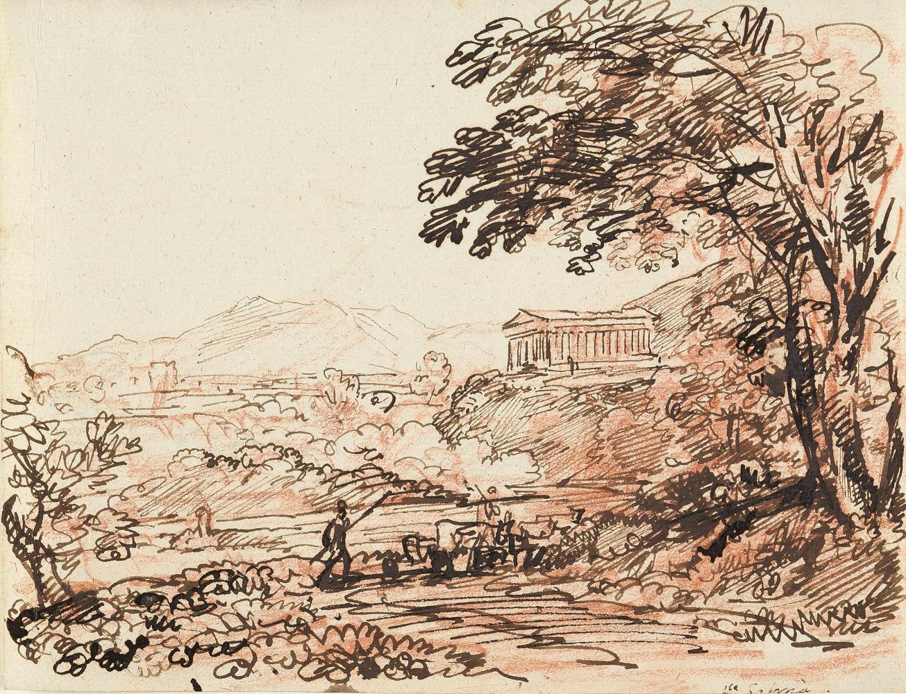 Landschaft mit Tempel und Blick auf die Sabiner Berge