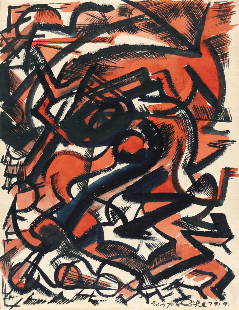 Untitled (Rhythmic-linear composition in black and red) - Ohne Titel (Rhythmisch-lineare Komposition in Schwarz und Rot)