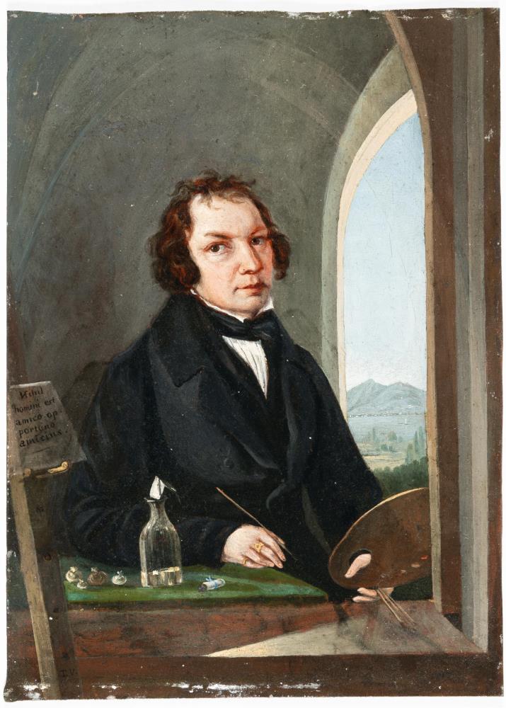 Maler mit Pinsel und Palette vor Fenster mit Landschaftsausblick (Freundesbild)
