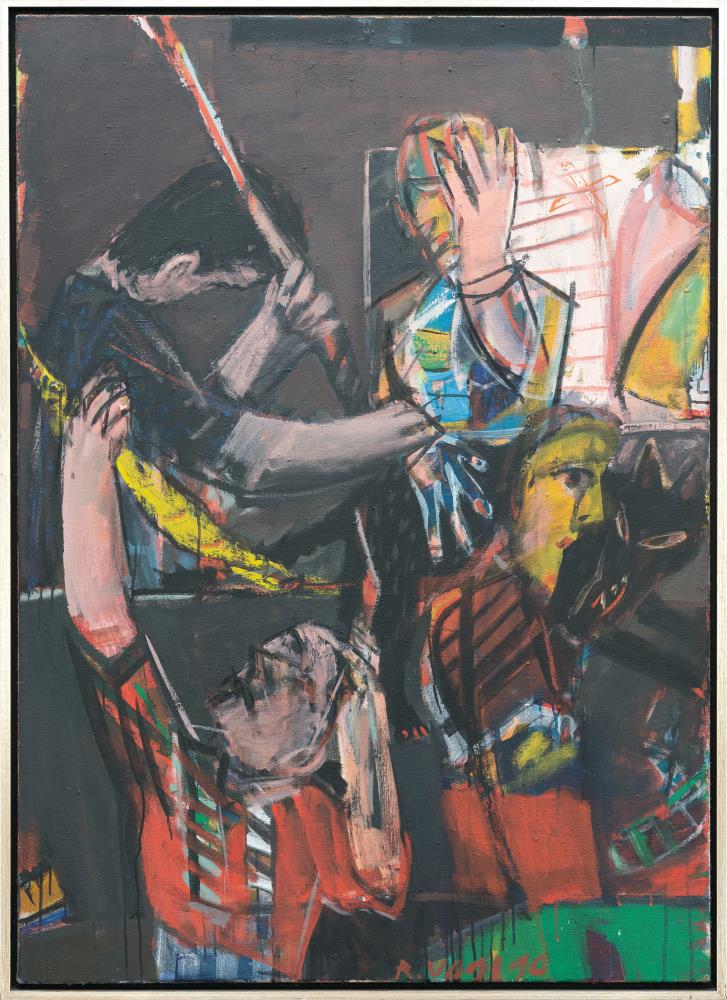 Colourful Figures with a Black Dog