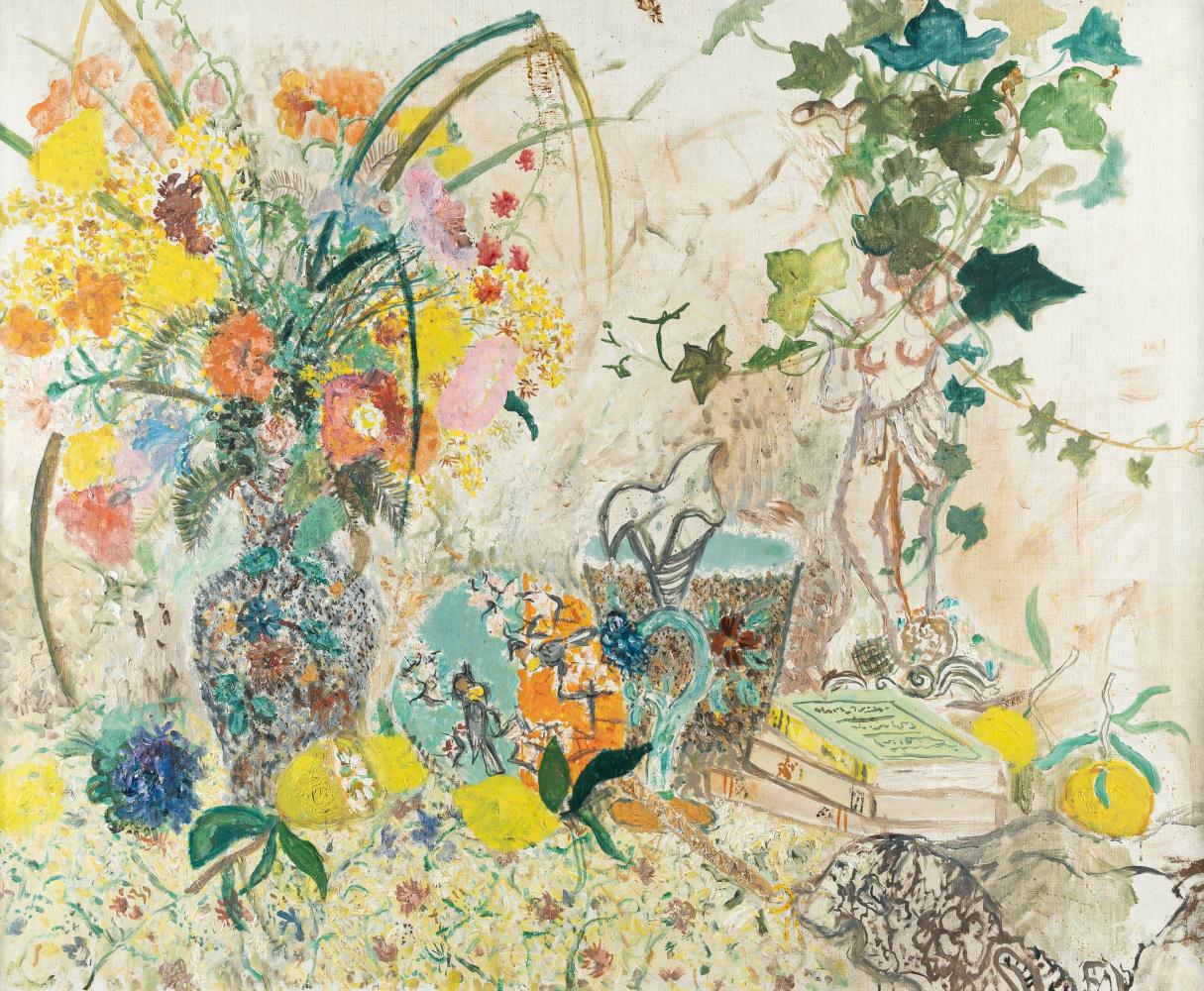 Flowers with Art Nouveau vase and books