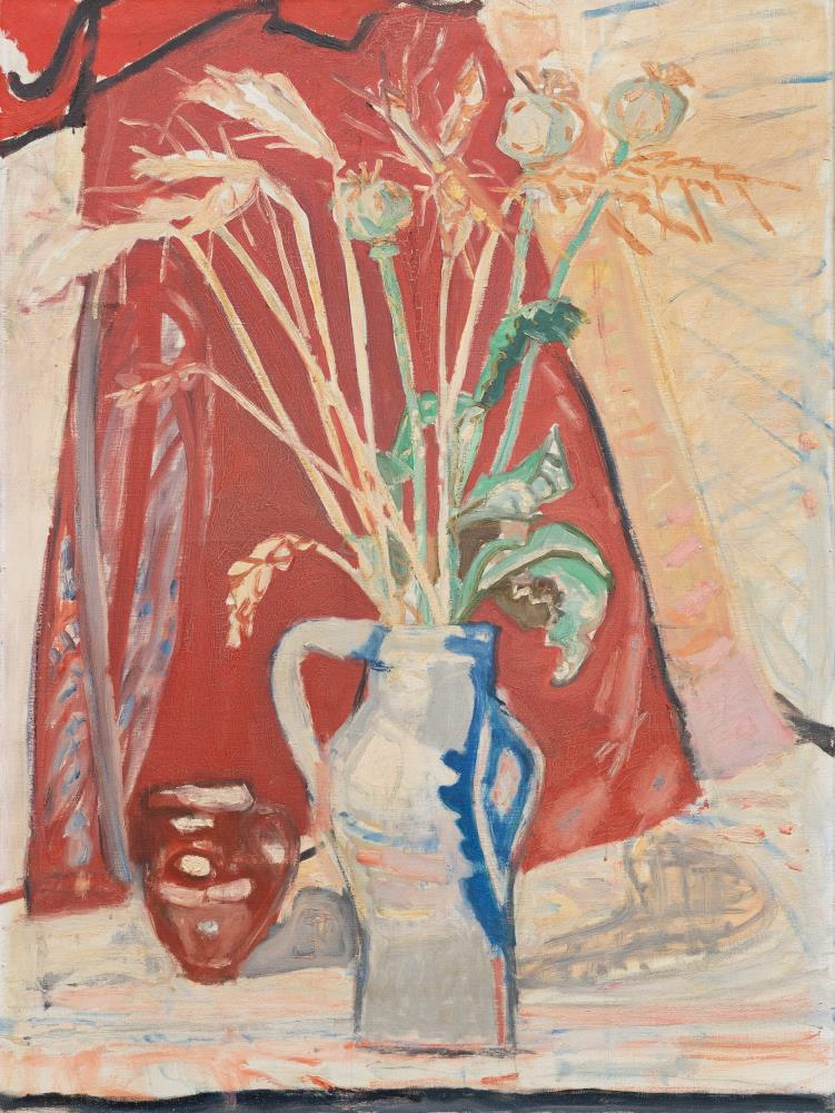 Still life with ears of corn and poppy capsules in a jug