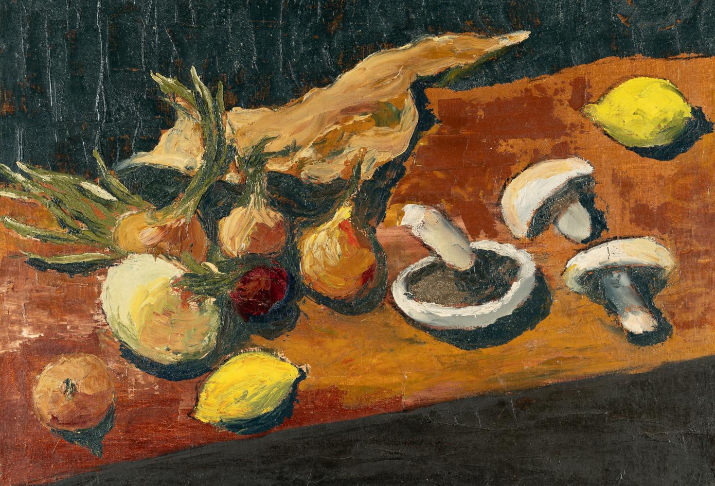 Stillleben mit Champignons, Zwiebeln und Zitronen