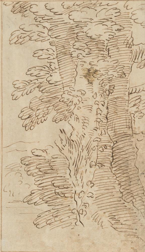 Baumstudie – Italienische Flusslandschaft mit einer Stadt in der Ferne  (recto-verso)