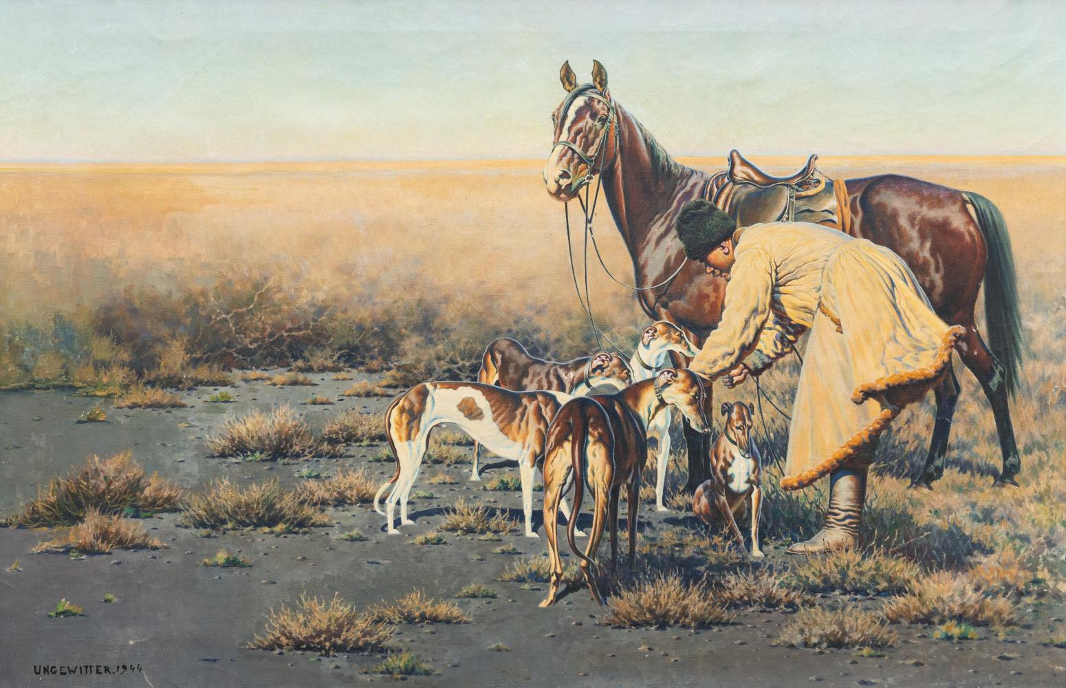 Kosakenreiter mit seinen Hunden