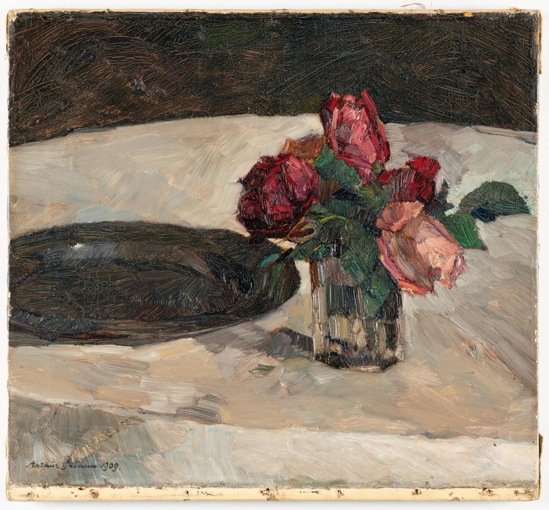 Stillleben mit Rosenstrauß und einem Zinnteller