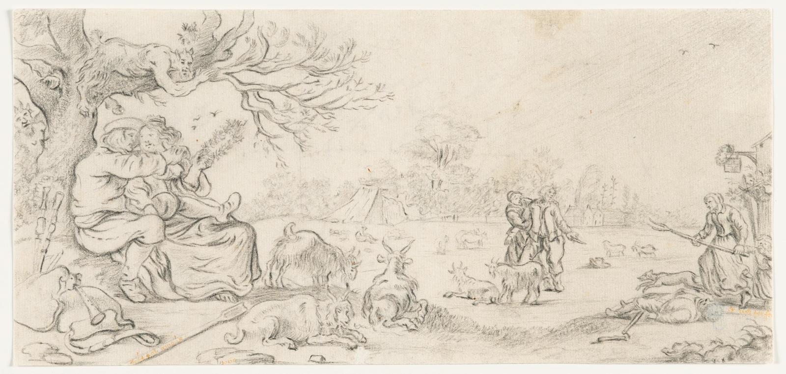 Dorfplatz mit Liebespaar, belauscht von einem Faun