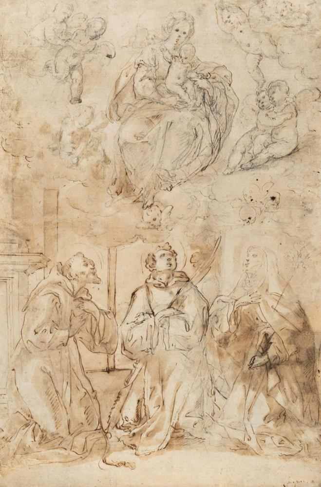 Maria mit dem segnenden Christuskind auf Wolken thronend, angebetet von drei Heiligen