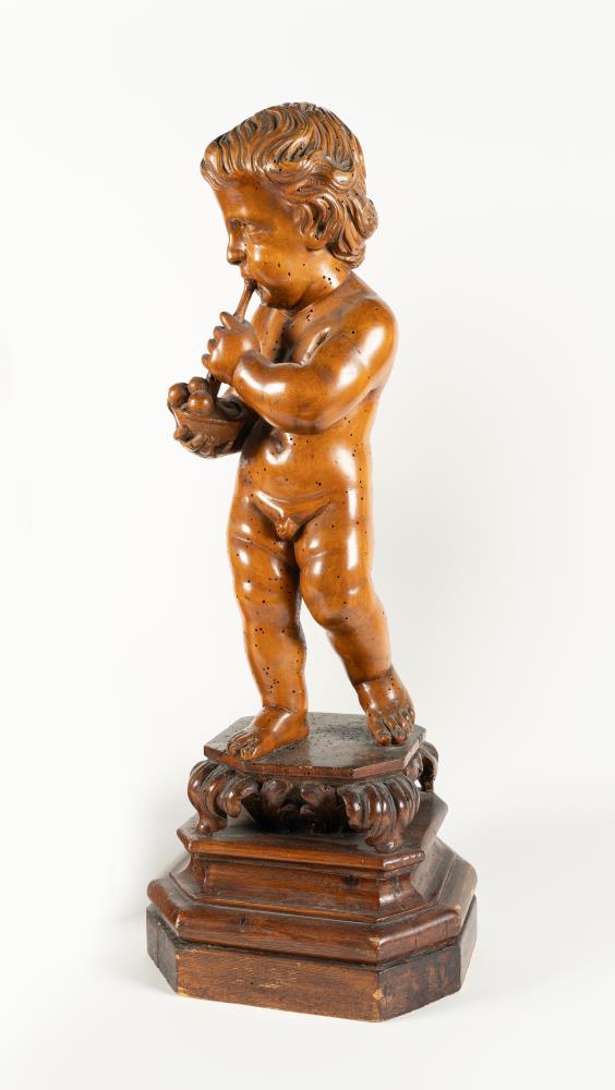 Zwei Putti, einer mit Seifenblasen und einer mit Füllhorn
